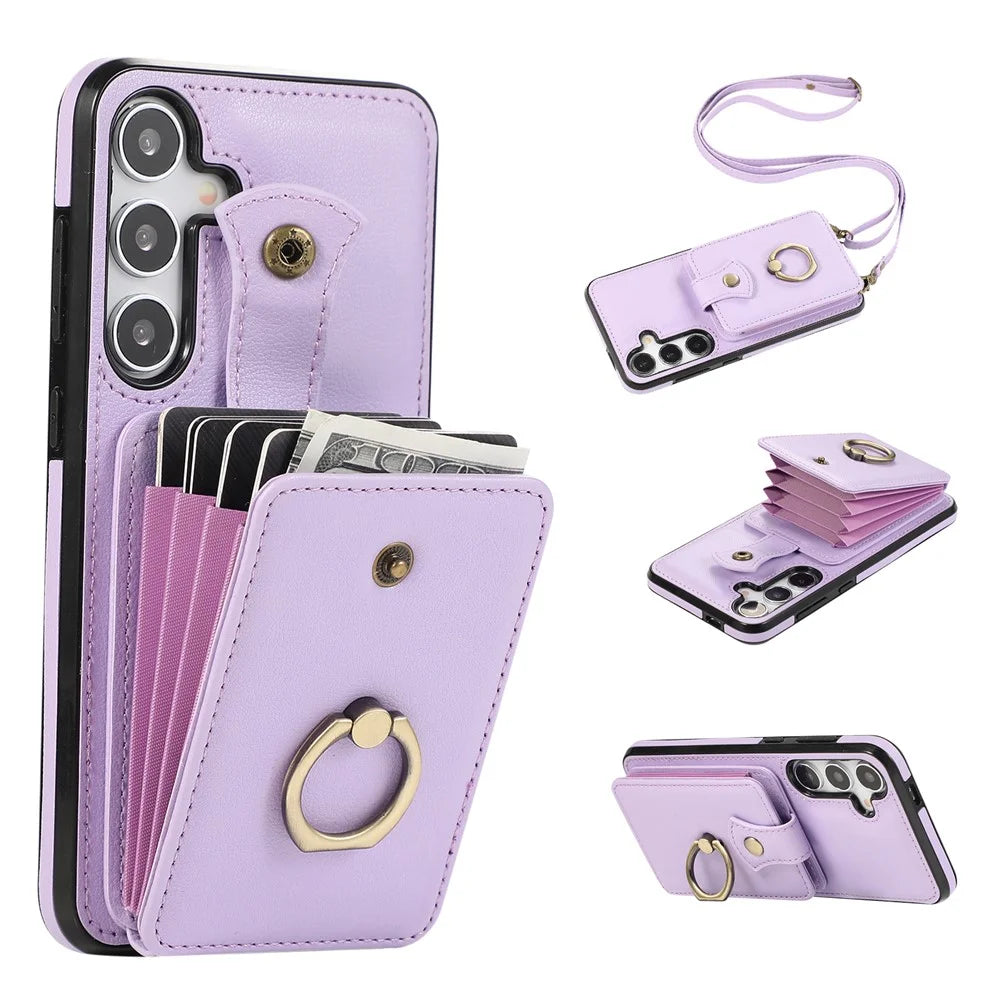 For Samsung Galaxy S24 FE Case Card Holder Ring Kickstand TPU + PU Leather Phone Cover with Long Strap - Purple - 1