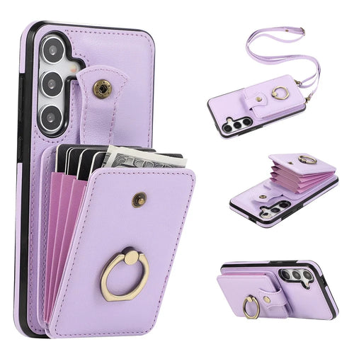 For Samsung Galaxy S24 FE Case Card Holder Ring Kickstand TPU + PU Leather Phone Cover with Long Strap - Purple - 1
