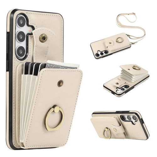 For Samsung Galaxy A16 4G / 5G Case Card Holder Ring Kickstand TPU + PU Leather Phone Cover with Long Strap - Beige - 1