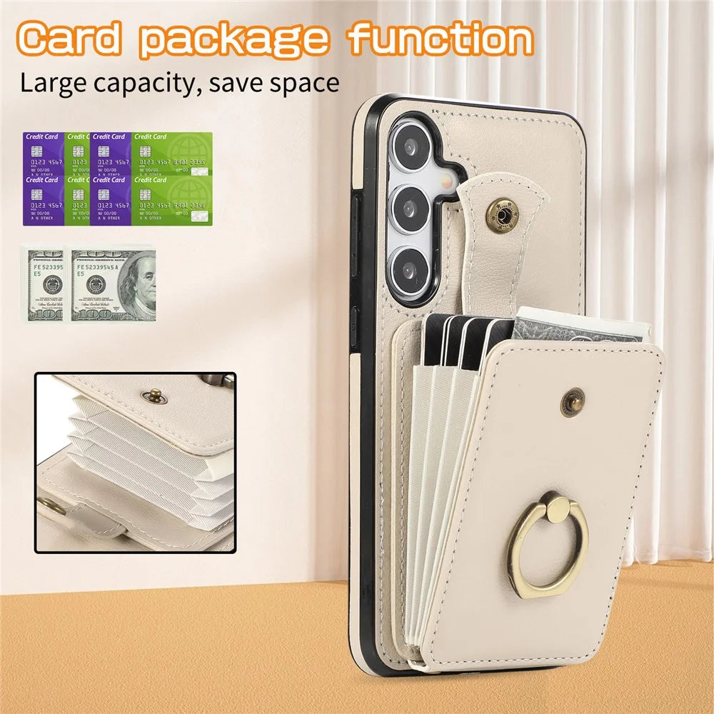 For Samsung Galaxy A16 4G / 5G Case Card Holder Ring Kickstand TPU + PU Leather Phone Cover with Long Strap - Beige - 6