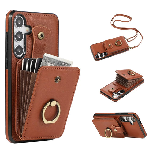 For Samsung Galaxy A26 5G Case Card Holder Ring Kickstand TPU + PU Leather Phone Cover with Long Strap - Brown - 1
