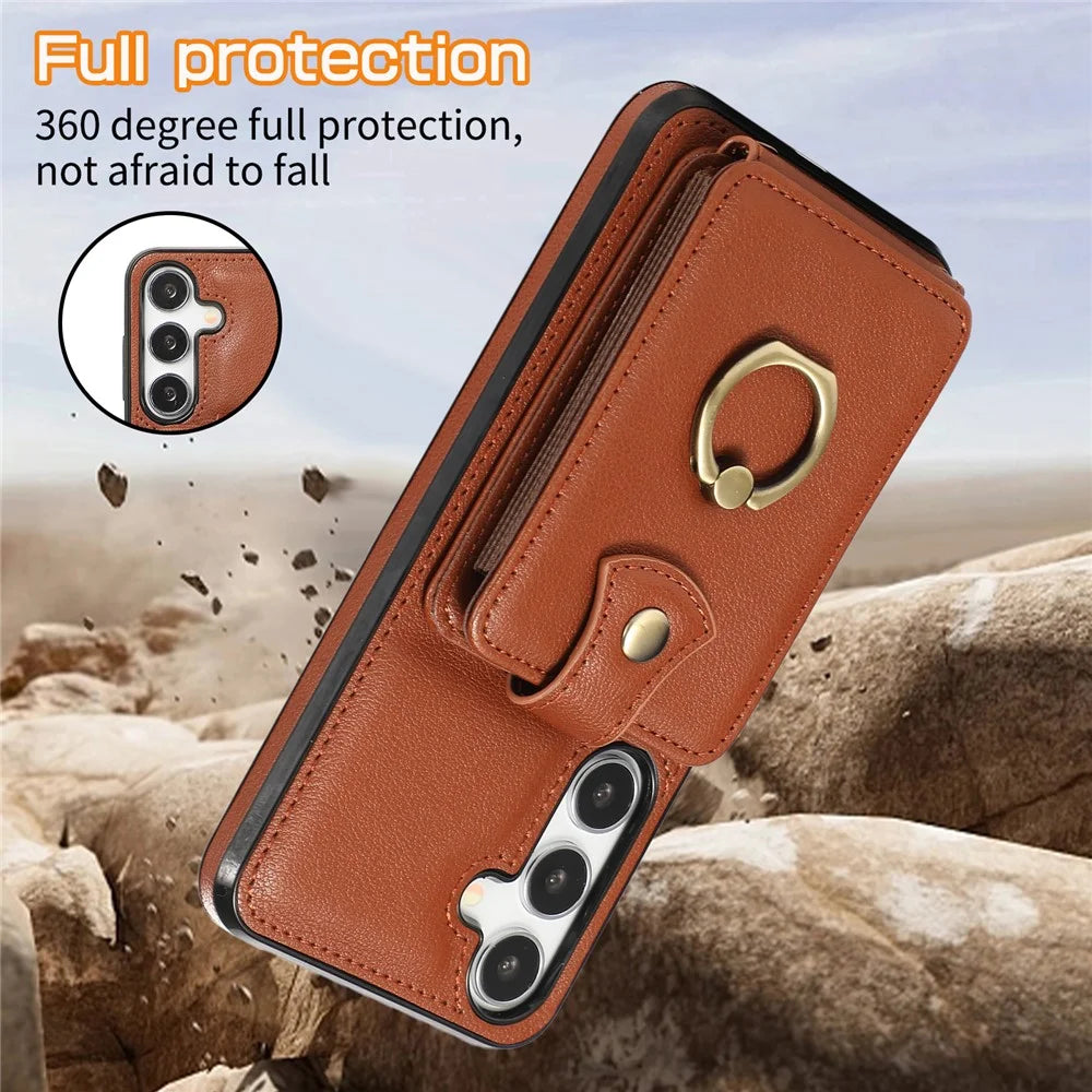 For Samsung Galaxy A26 5G Case Card Holder Ring Kickstand TPU + PU Leather Phone Cover with Long Strap - Brown - 7