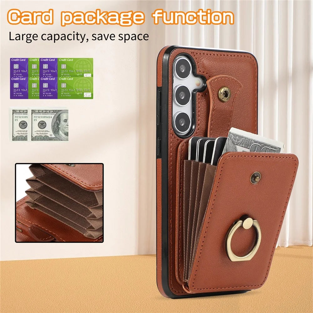 For Samsung Galaxy A36 5G Case Card Holder Ring Kickstand TPU + PU Leather Phone Cover with Long Strap - Brown - 6