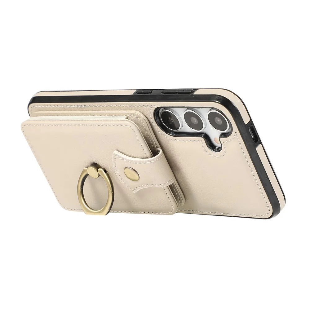 For Samsung Galaxy A56 5G Case Card Holder Ring Kickstand TPU + PU Leather Phone Cover with Long Strap - Beige - 3