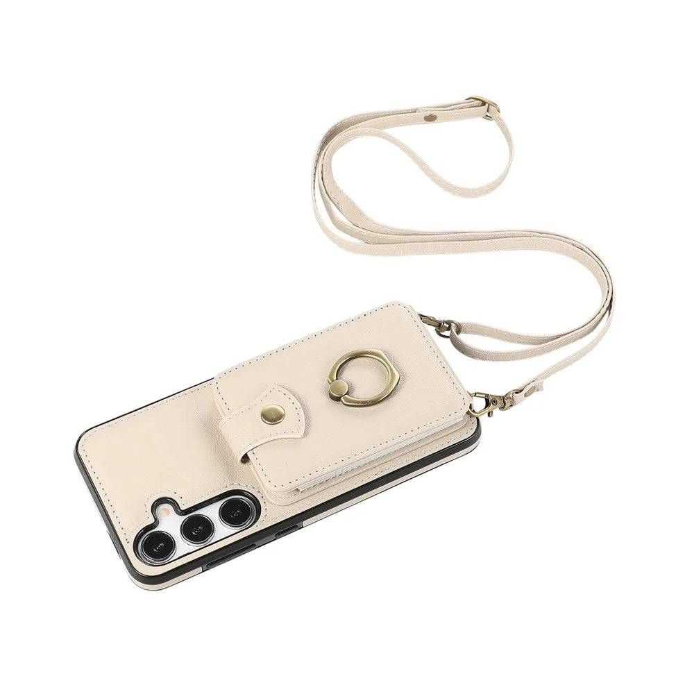For Samsung Galaxy A56 5G Case Card Holder Ring Kickstand TPU + PU Leather Phone Cover with Long Strap - Beige - 4