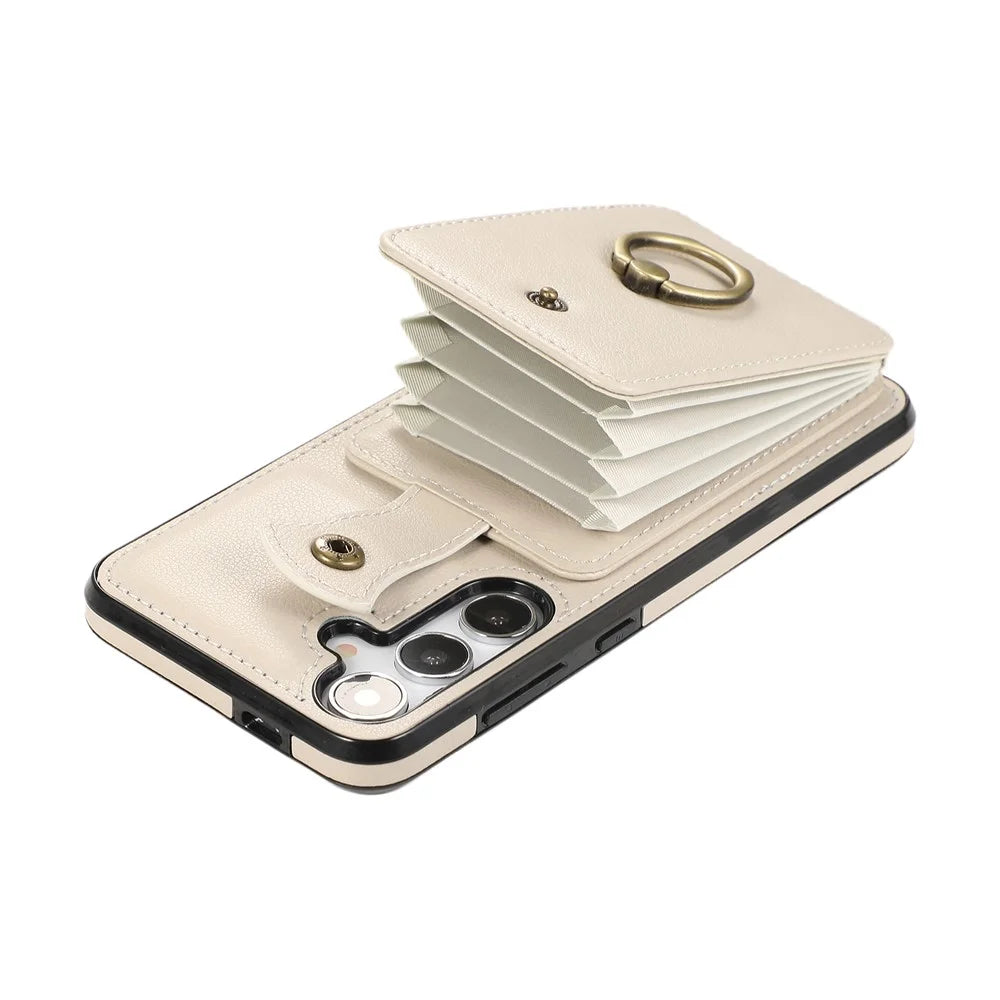 For Samsung Galaxy A56 5G Case Card Holder Ring Kickstand TPU + PU Leather Phone Cover with Long Strap - Beige - 5