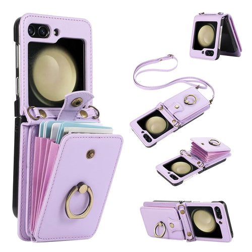 For Samsung Galaxy Z Flip7 FE 5G / Z Flip6 5G Case Card Holder Ring Kickstand TPU + PU Leather Phone Cover with Long Strap - Purple - 1