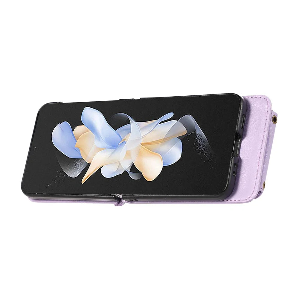 For Samsung Galaxy Z Flip7 FE 5G / Z Flip6 5G Case Card Holder Ring Kickstand TPU + PU Leather Phone Cover with Long Strap - Purple - 3