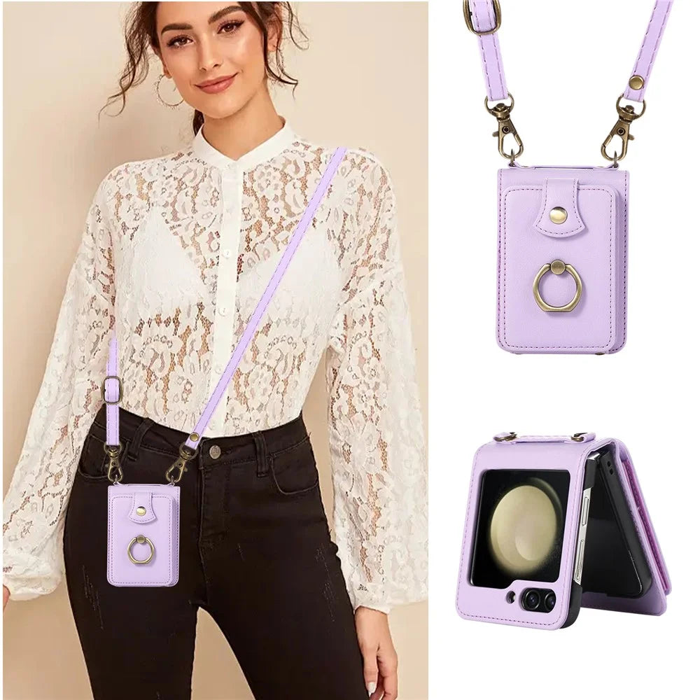 For Samsung Galaxy Z Flip7 FE 5G / Z Flip6 5G Case Card Holder Ring Kickstand TPU + PU Leather Phone Cover with Long Strap - Purple - 5