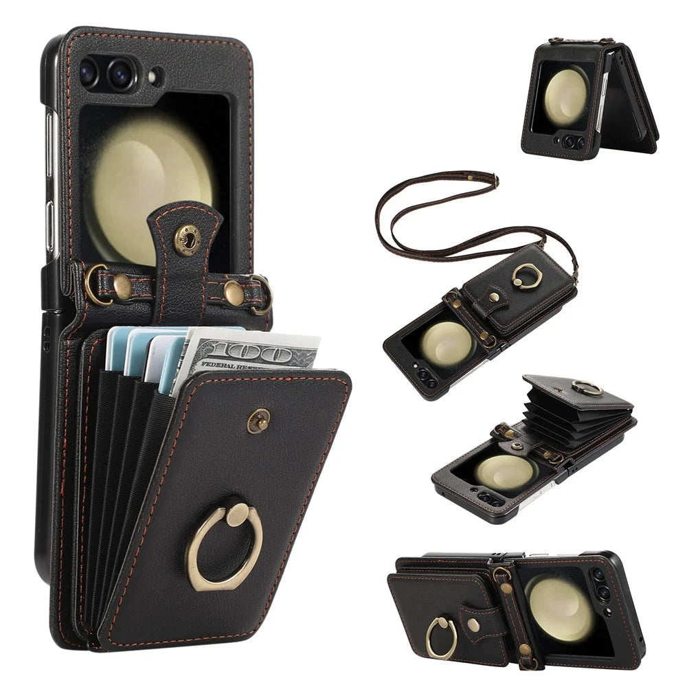 For Samsung Galaxy Z Flip5 5G Case Card Holder Ring Kickstand TPU + PU Leather Phone Cover with Long Strap - Black - 1
