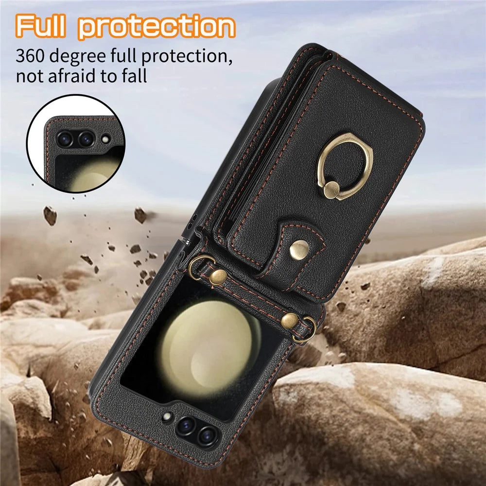 For Samsung Galaxy Z Flip5 5G Case Card Holder Ring Kickstand TPU + PU Leather Phone Cover with Long Strap - Black - 7