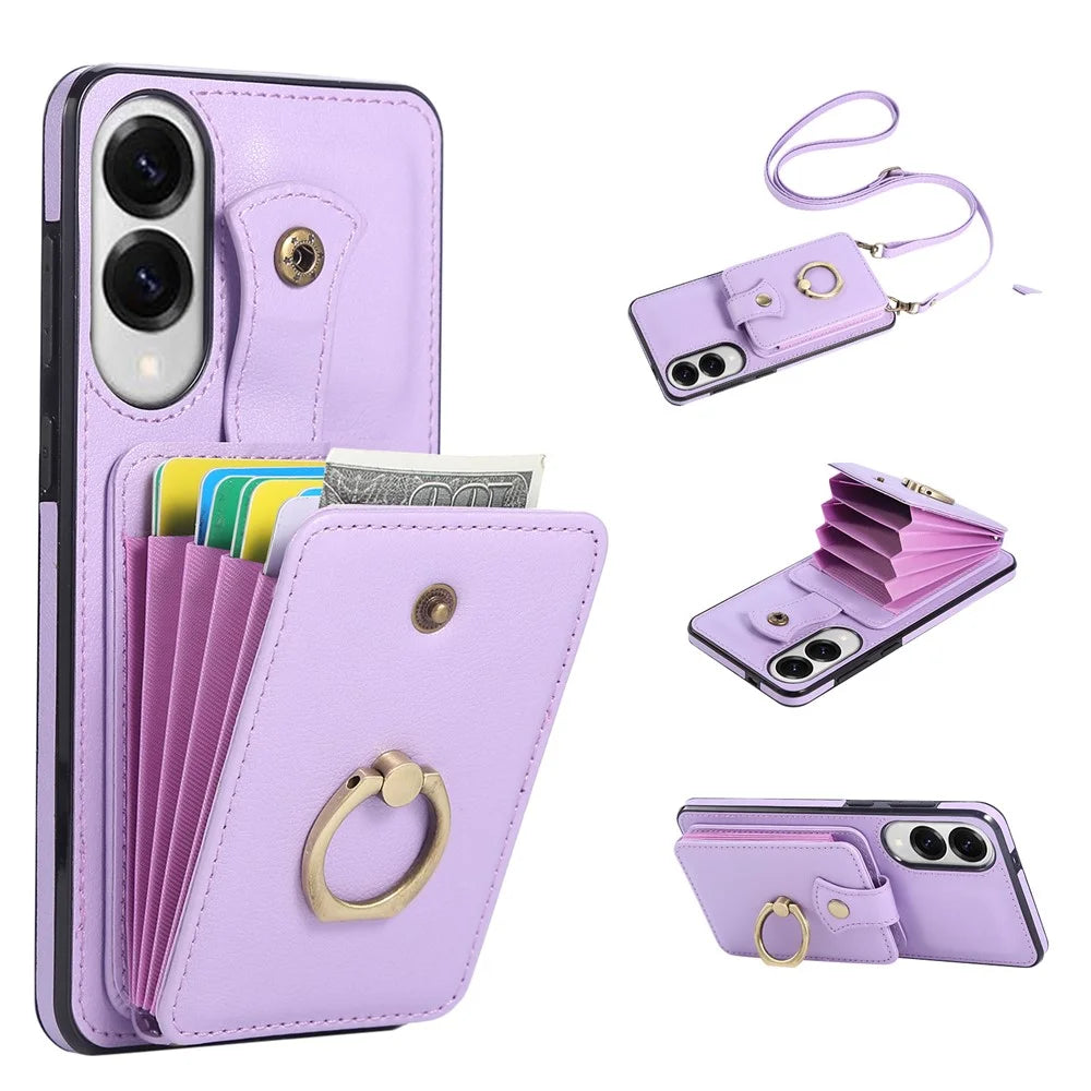 For Samsung Galaxy S25 Edge Case Card Holder Ring Kickstand TPU + PU Leather Phone Cover with Long Strap - Purple - 1