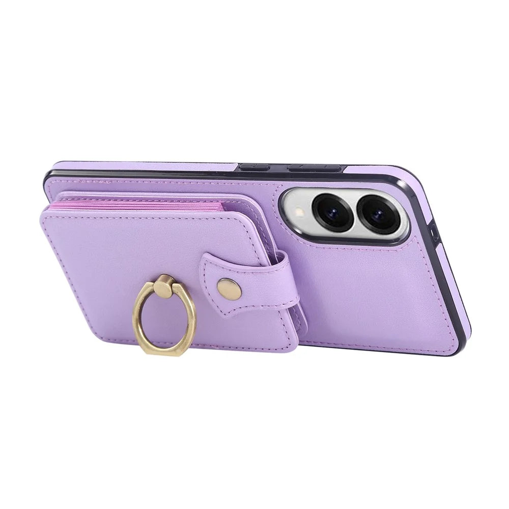For Samsung Galaxy S25 Edge Case Card Holder Ring Kickstand TPU + PU Leather Phone Cover with Long Strap - Purple - 3