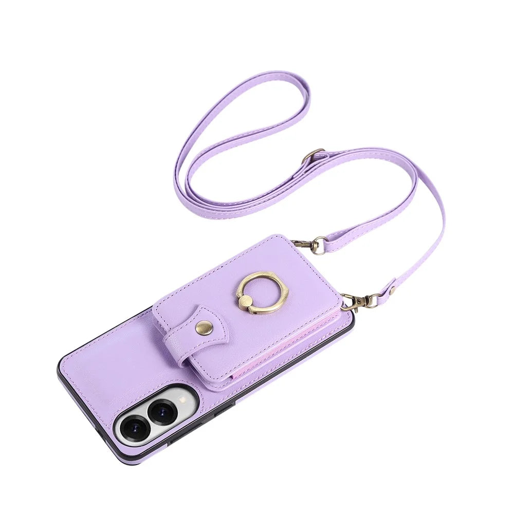 For Samsung Galaxy S25 Edge Case Card Holder Ring Kickstand TPU + PU Leather Phone Cover with Long Strap - Purple - 4