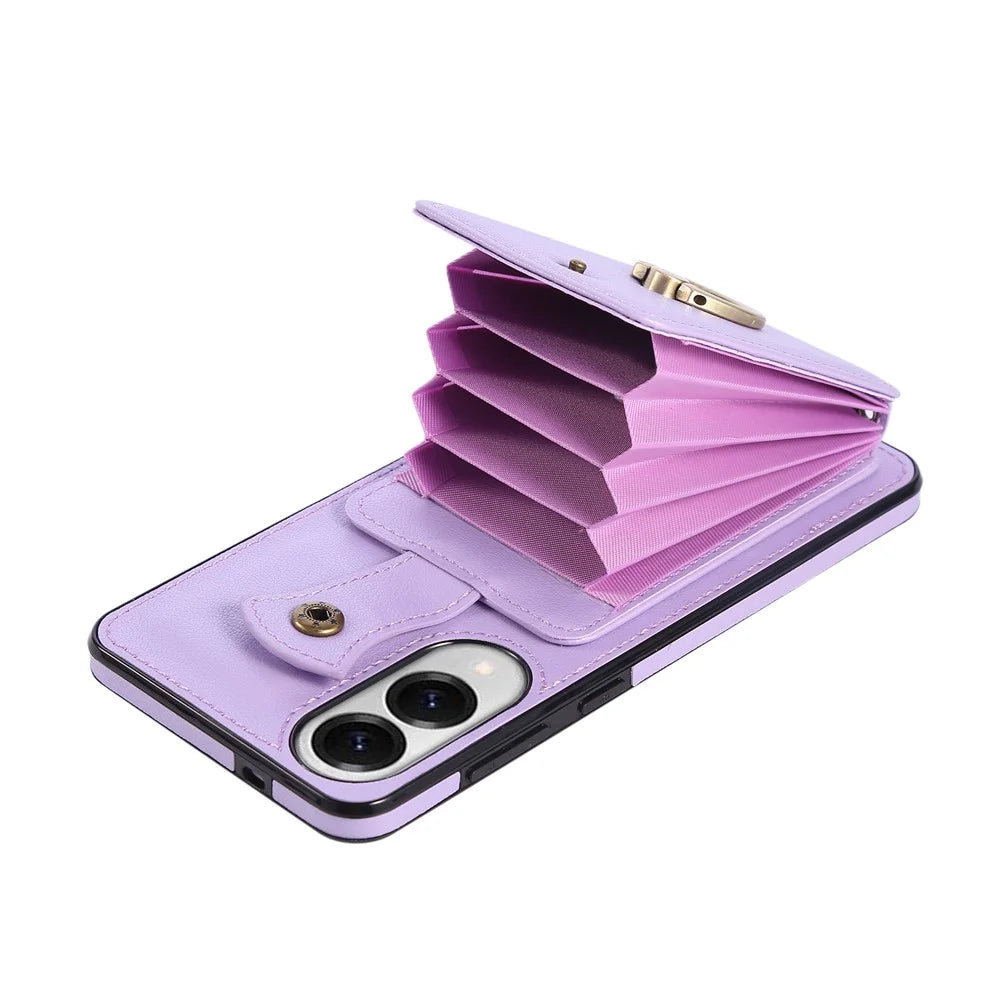 For Samsung Galaxy S25 Edge Case Card Holder Ring Kickstand TPU + PU Leather Phone Cover with Long Strap - Purple - 5