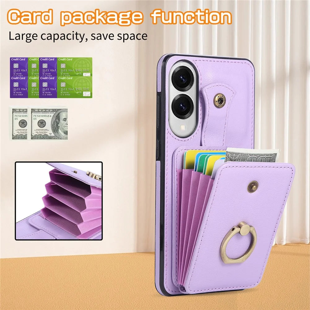 For Samsung Galaxy S25 Edge Case Card Holder Ring Kickstand TPU + PU Leather Phone Cover with Long Strap - Purple - 6