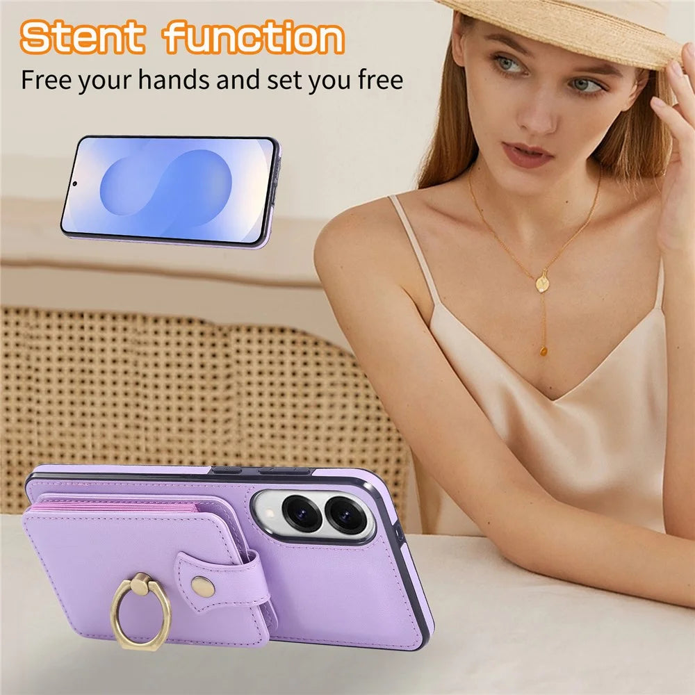 For Samsung Galaxy S25 Edge Case Card Holder Ring Kickstand TPU + PU Leather Phone Cover with Long Strap - Purple - 7