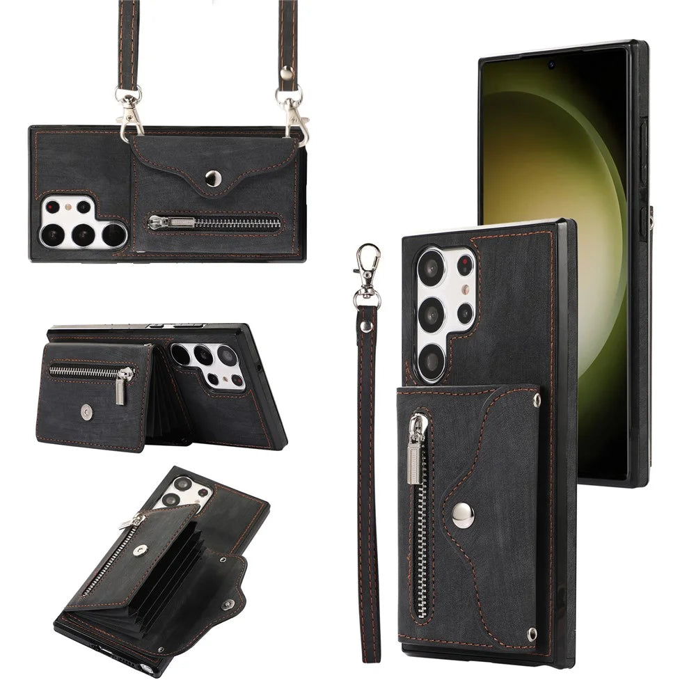 For Samsung Galaxy S25 Ultra Case PU Leather + TPU RFID Blocking Card Slots Phone Cover with 2 Straps - Black - 1
