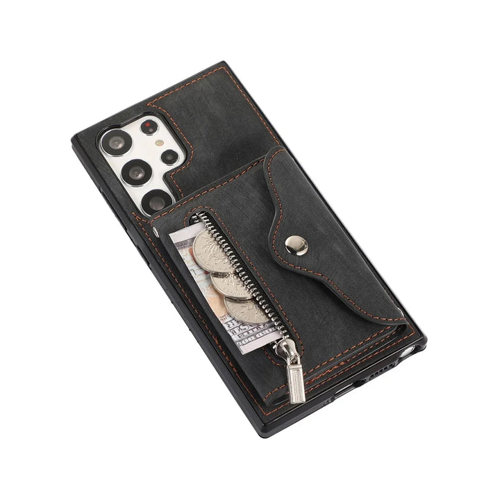 For Samsung Galaxy S25 Ultra Case PU Leather + TPU RFID Blocking Card Slots Phone Cover with 2 Straps - Black - 4