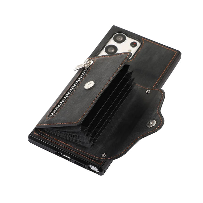 For Samsung Galaxy S25 Ultra Case PU Leather + TPU RFID Blocking Card Slots Phone Cover with 2 Straps - Black - 5