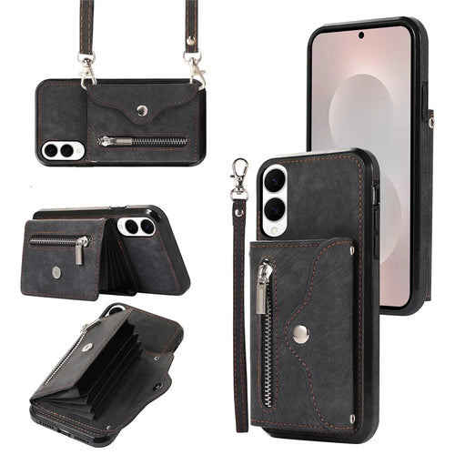 For Samsung Galaxy S25 Edge Case PU Leather + TPU RFID Blocking Card Slots Phone Cover with 2 Straps - Black - 1