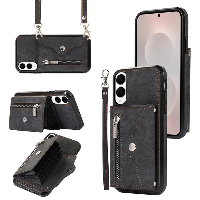 For Samsung Galaxy S25 Edge Case PU Leather + TPU RFID Blocking Card Slots Phone Cover with 2 Straps - Black - 1