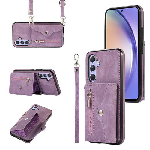 For Samsung Galaxy A16 4G / 5G Case PU Leather + TPU RFID Blocking Card Slots Phone Cover with 2 Straps - Purple - 1