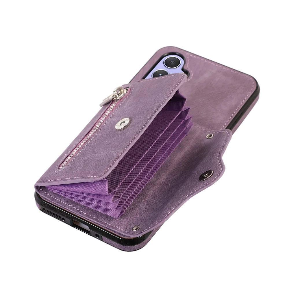For Samsung Galaxy A16 4G / 5G Case PU Leather + TPU RFID Blocking Card Slots Phone Cover with 2 Straps - Purple - 5