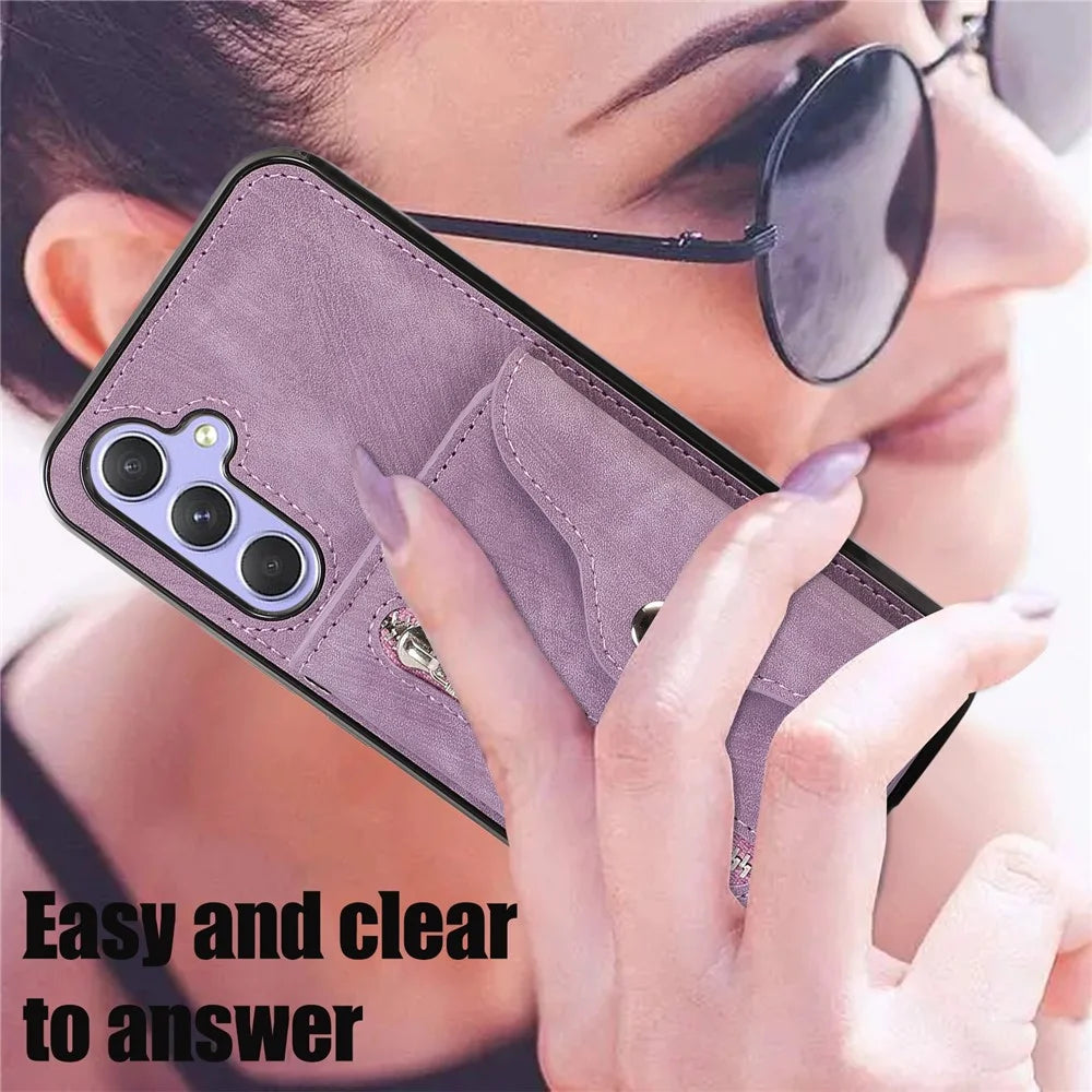 For Samsung Galaxy A16 4G / 5G Case PU Leather + TPU RFID Blocking Card Slots Phone Cover with 2 Straps - Purple - 7