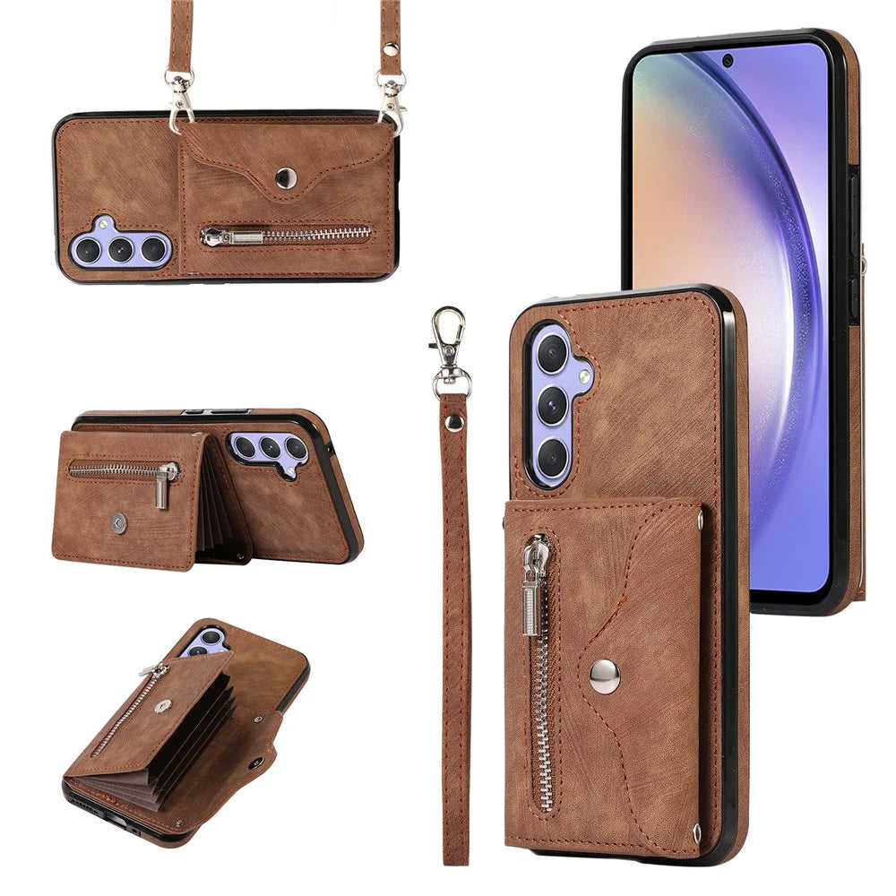 For Samsung Galaxy A26 5G Case PU Leather + TPU RFID Blocking Card Slots Phone Cover with 2 Straps - Brown - 1