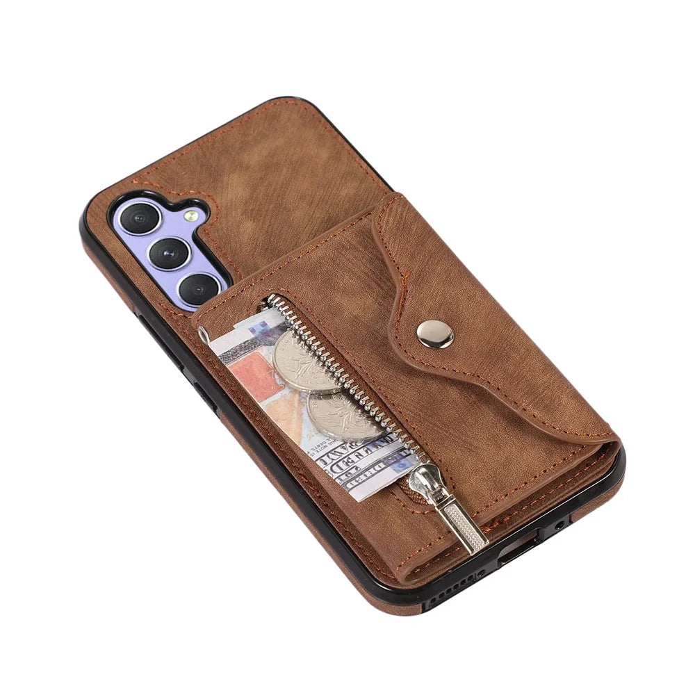 For Samsung Galaxy A26 5G Case PU Leather + TPU RFID Blocking Card Slots Phone Cover with 2 Straps - Brown - 4