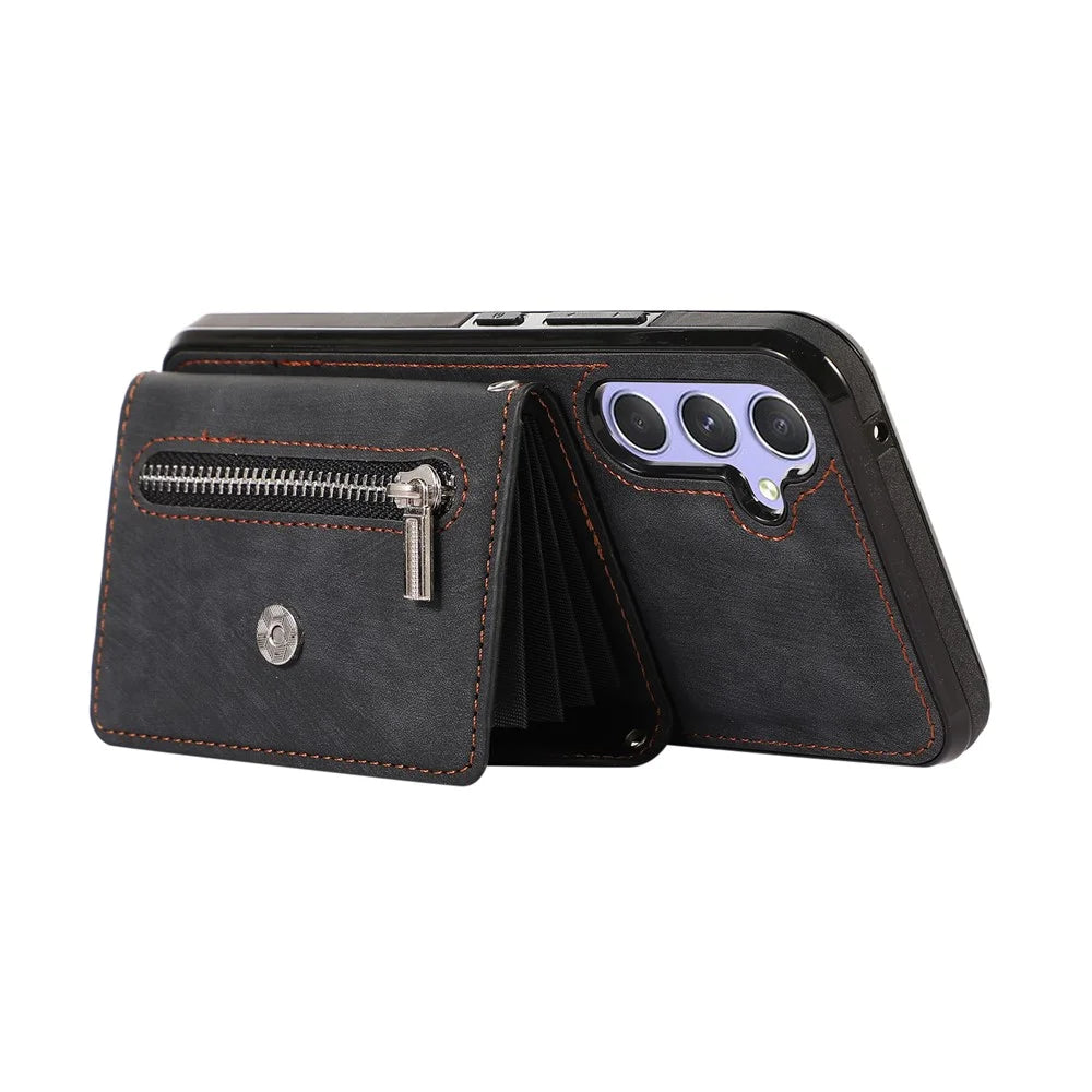 For Samsung Galaxy A36 5G Case PU Leather + TPU RFID Blocking Card Slots Phone Cover with 2 Straps - Black - 3