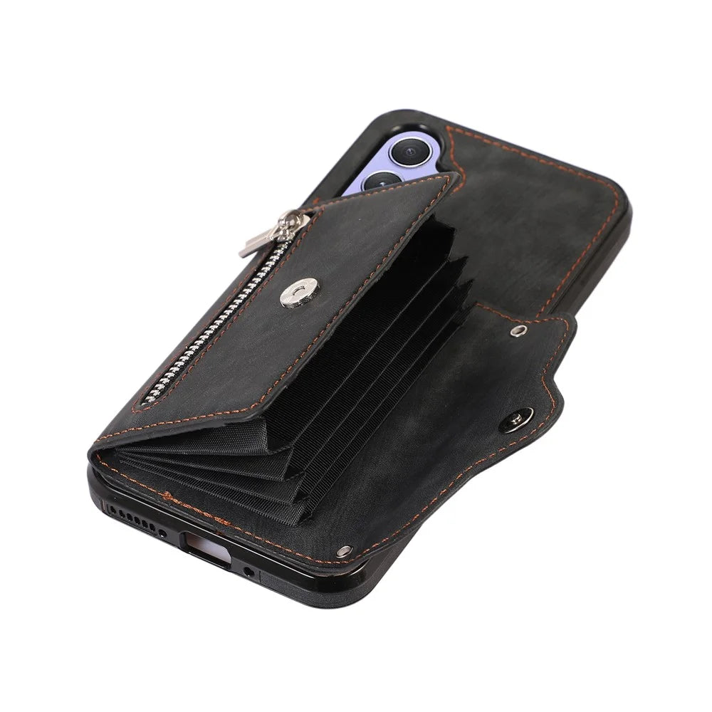 For Samsung Galaxy A36 5G Case PU Leather + TPU RFID Blocking Card Slots Phone Cover with 2 Straps - Black - 5