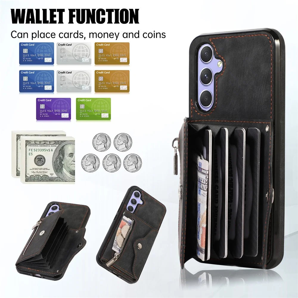 For Samsung Galaxy A36 5G Case PU Leather + TPU RFID Blocking Card Slots Phone Cover with 2 Straps - Black - 7
