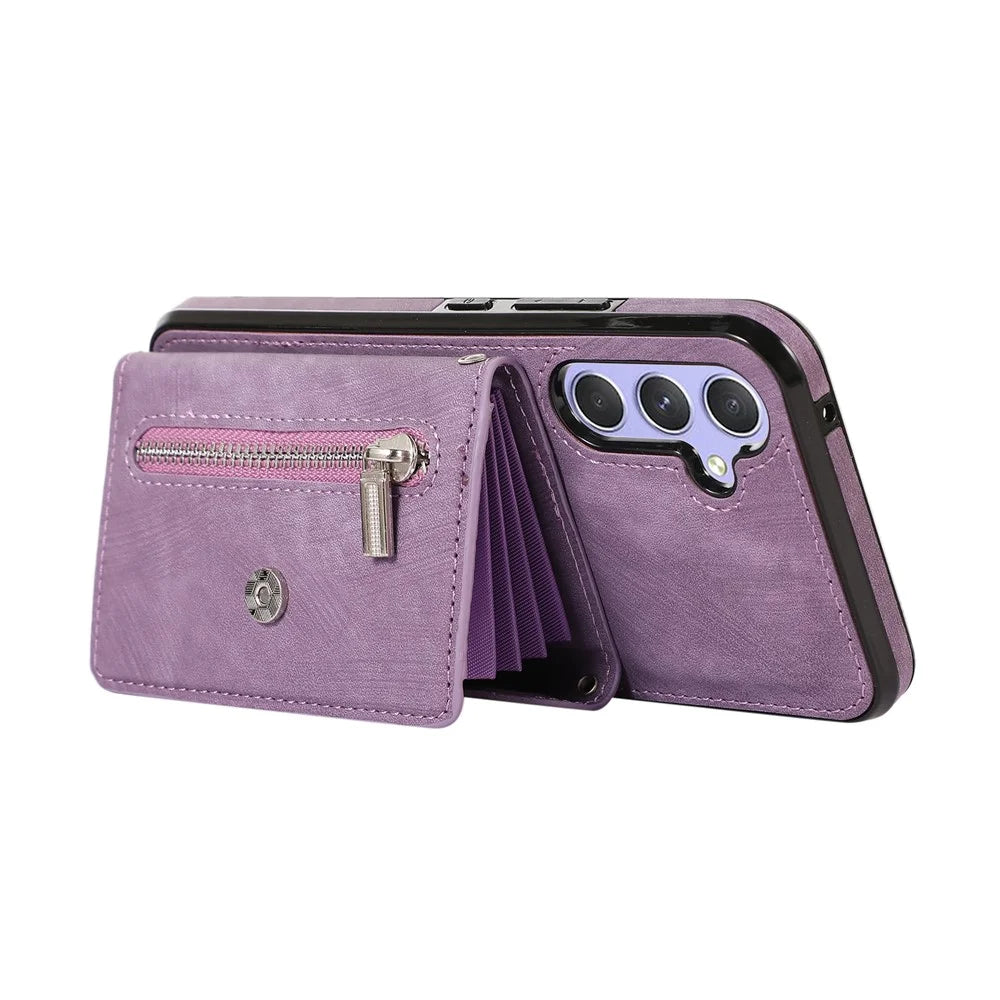 For Samsung Galaxy A56 5G Case PU Leather + TPU RFID Blocking Card Slots Phone Cover with 2 Straps - Purple - 3