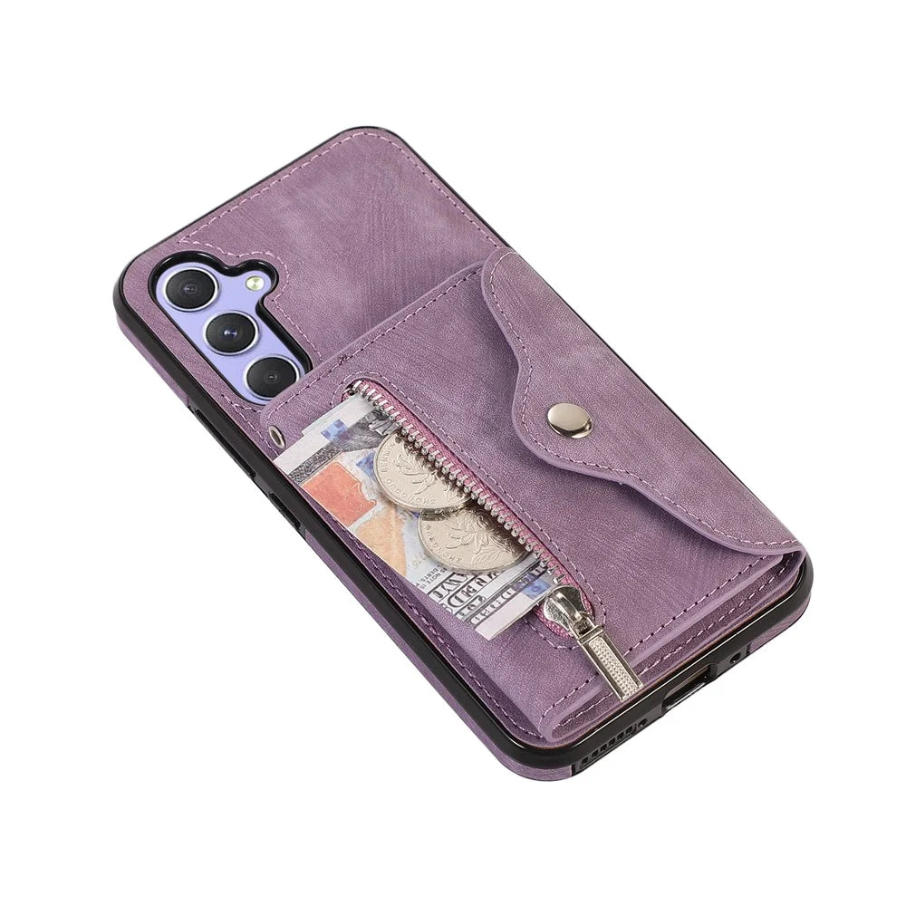 For Samsung Galaxy A56 5G Case PU Leather + TPU RFID Blocking Card Slots Phone Cover with 2 Straps - Purple - 4