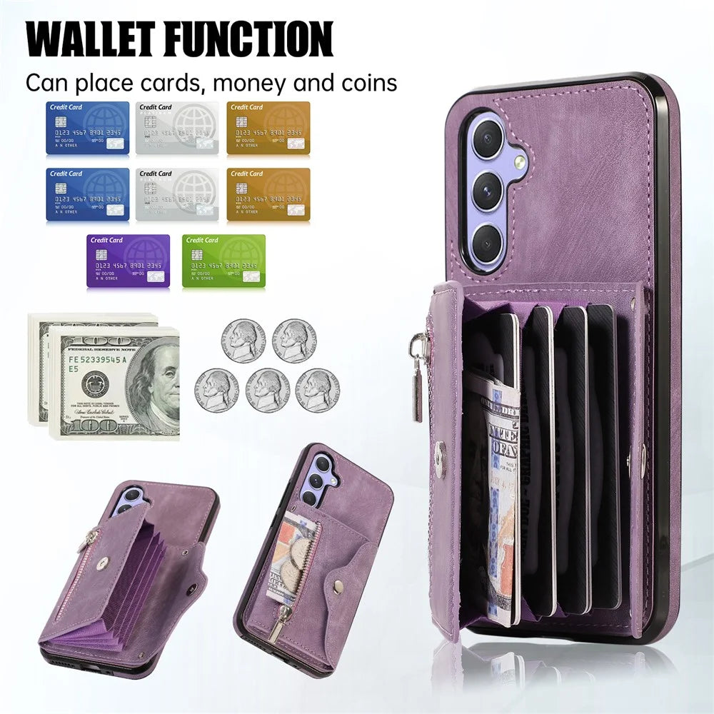 For Samsung Galaxy A56 5G Case PU Leather + TPU RFID Blocking Card Slots Phone Cover with 2 Straps - Purple - 6