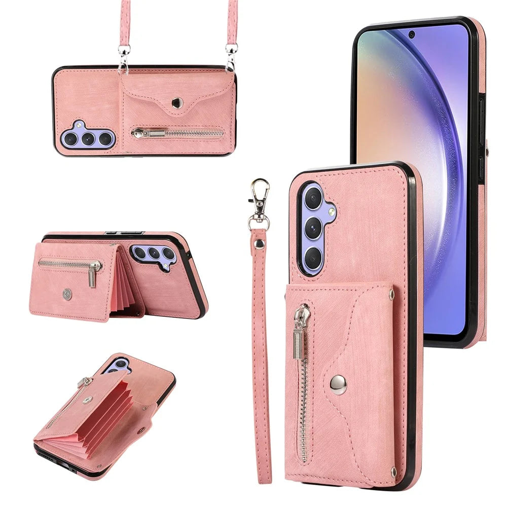 For Samsung Galaxy A15 4G / 5G Case PU Leather + TPU RFID Blocking Card Slots Phone Cover with 2 Straps - Rose Gold - 1