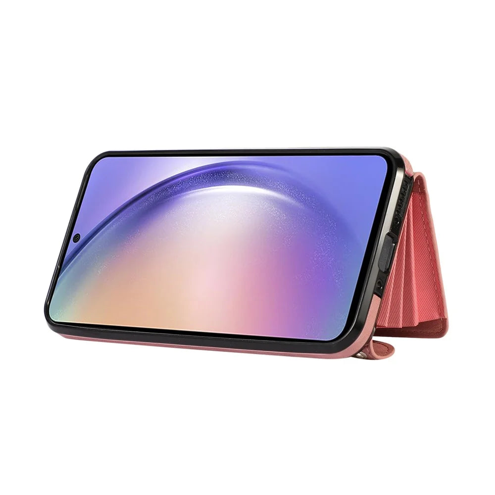 For Samsung Galaxy A15 4G / 5G Case PU Leather + TPU RFID Blocking Card Slots Phone Cover with 2 Straps - Rose Gold - 2