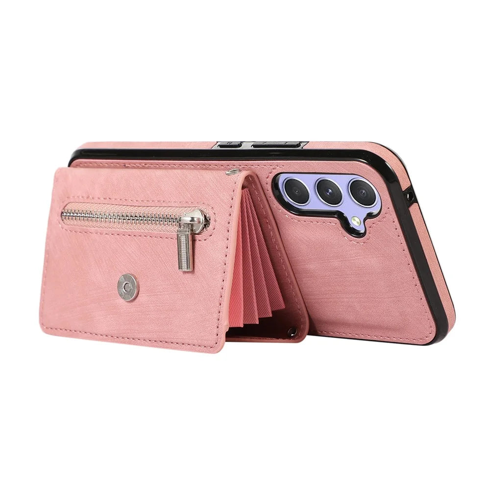 For Samsung Galaxy A15 4G / 5G Case PU Leather + TPU RFID Blocking Card Slots Phone Cover with 2 Straps - Rose Gold - 3
