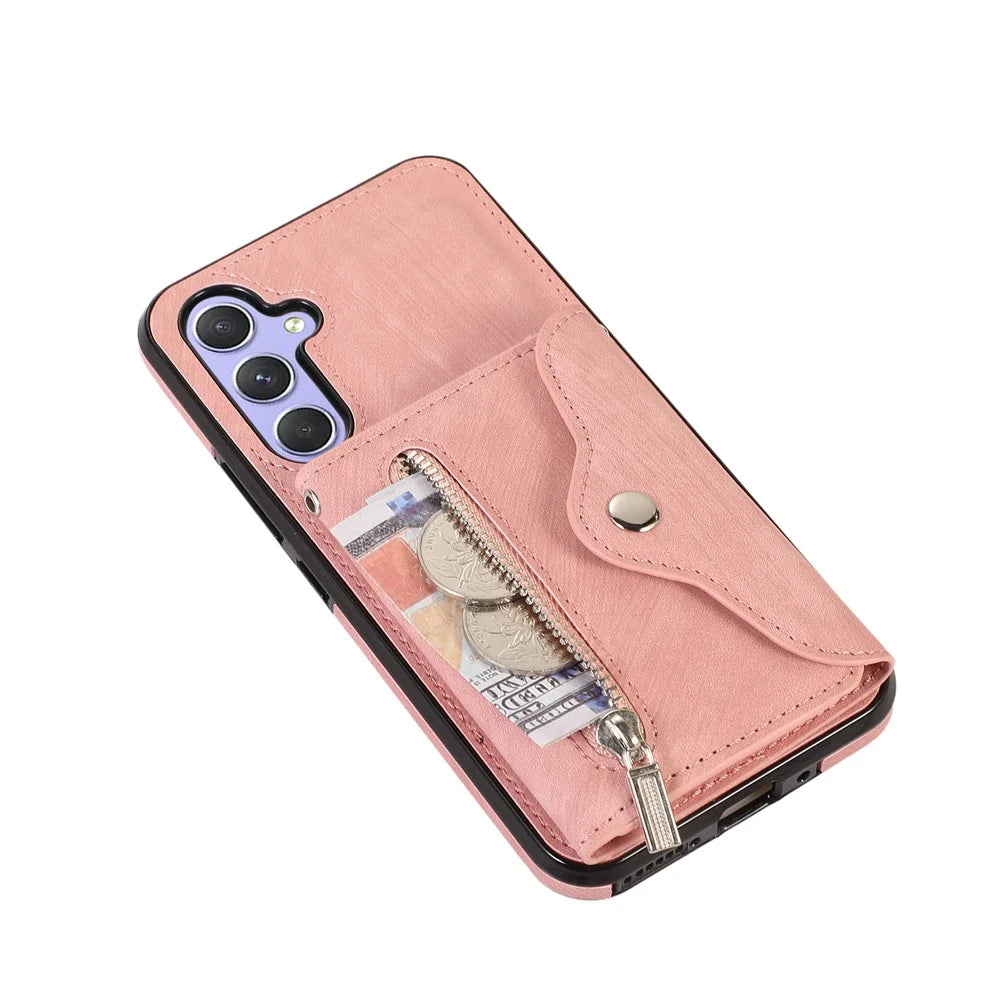 For Samsung Galaxy A15 4G / 5G Case PU Leather + TPU RFID Blocking Card Slots Phone Cover with 2 Straps - Rose Gold - 4