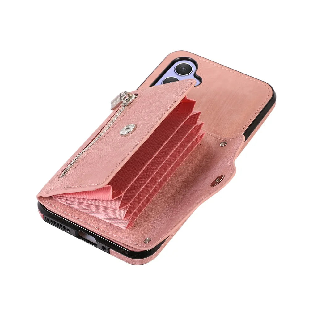 For Samsung Galaxy A15 4G / 5G Case PU Leather + TPU RFID Blocking Card Slots Phone Cover with 2 Straps - Rose Gold - 5