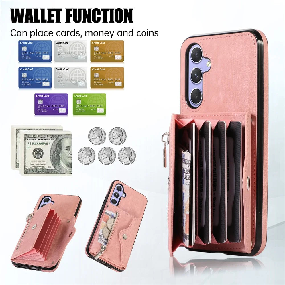 For Samsung Galaxy A15 4G / 5G Case PU Leather + TPU RFID Blocking Card Slots Phone Cover with 2 Straps - Rose Gold - 7