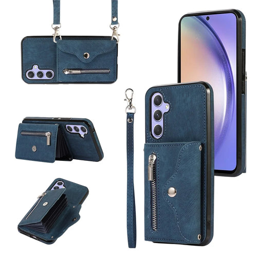 For Samsung Galaxy A25 5G (Global) (161.0mm) Case PU Leather + TPU RFID Blocking Card Slots Phone Cover with 2 Straps - Blue - 1