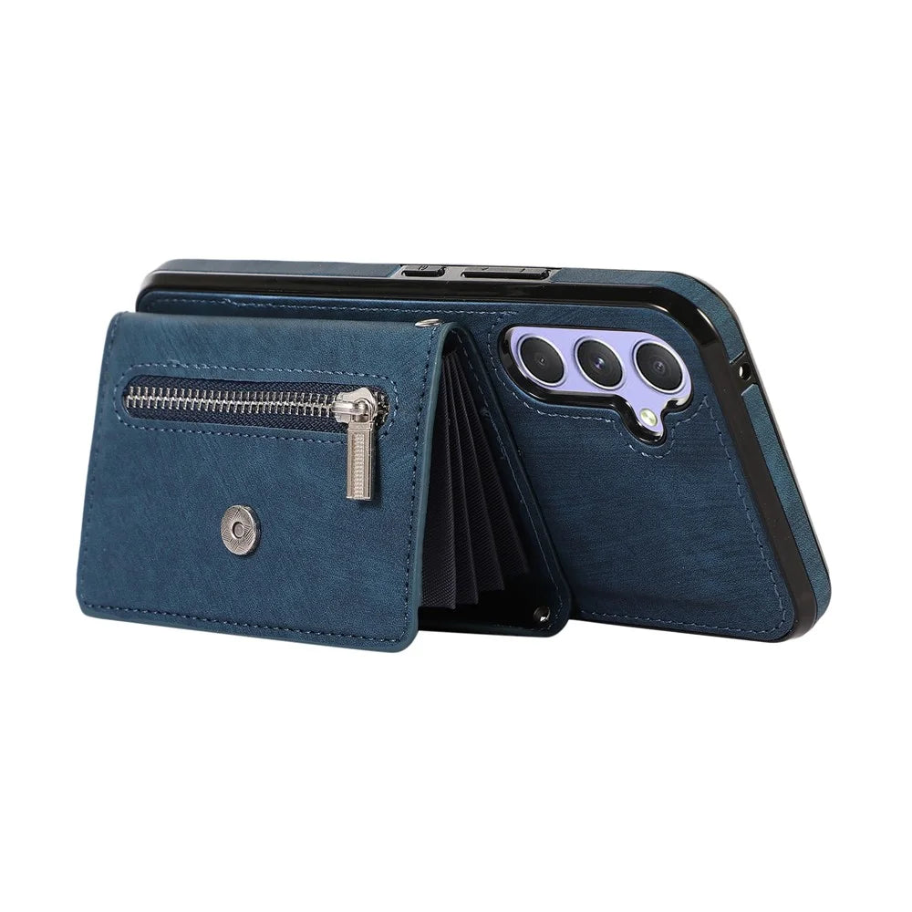 For Samsung Galaxy A25 5G (Global) (161.0mm) Case PU Leather + TPU RFID Blocking Card Slots Phone Cover with 2 Straps - Blue - 3