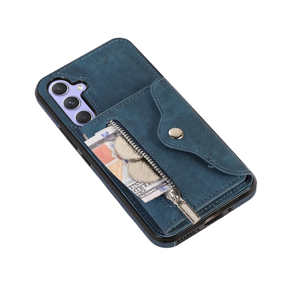 For Samsung Galaxy A25 5G (Global) (161.0mm) Case PU Leather + TPU RFID Blocking Card Slots Phone Cover with 2 Straps - Blue - 4