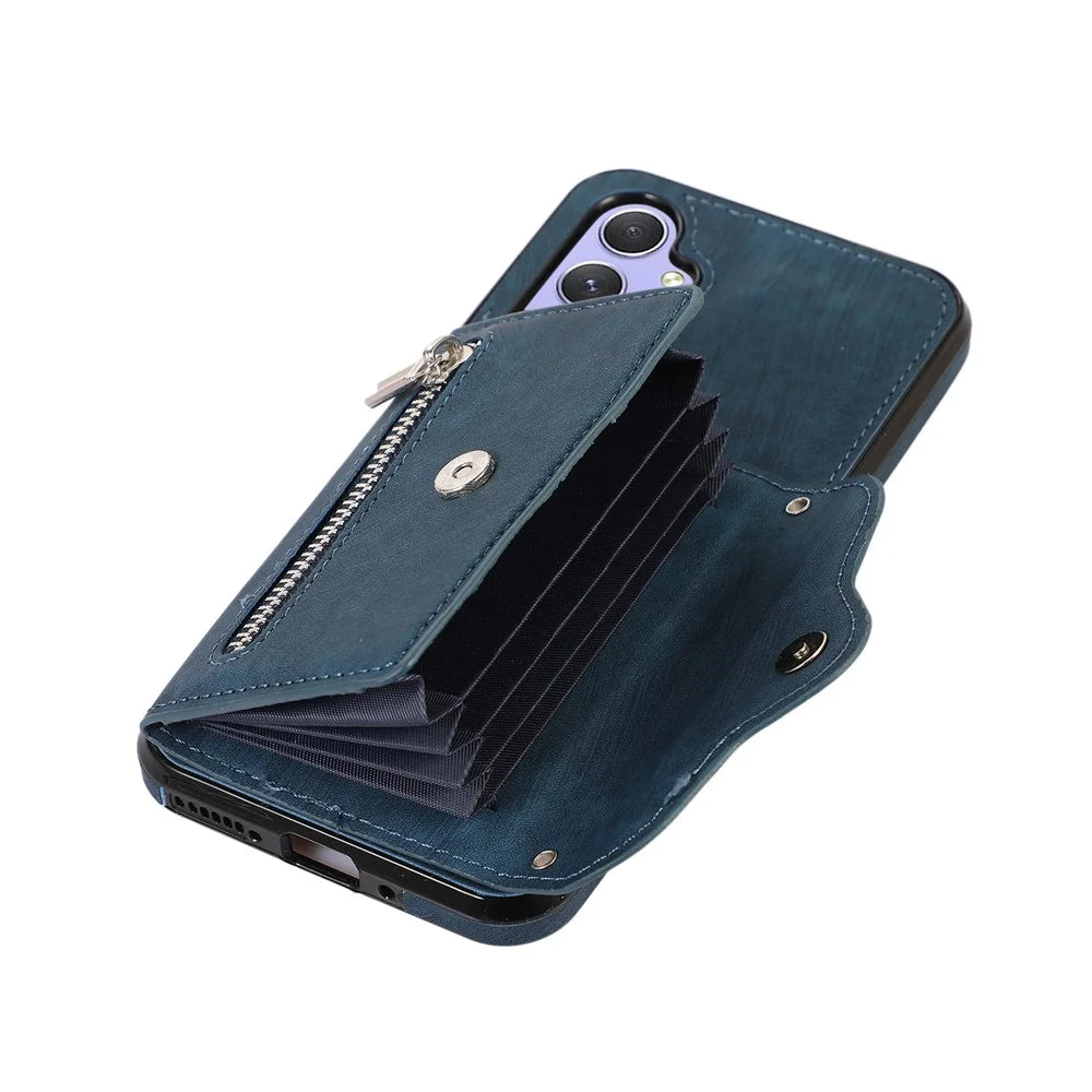 For Samsung Galaxy A25 5G (Global) (161.0mm) Case PU Leather + TPU RFID Blocking Card Slots Phone Cover with 2 Straps - Blue - 5