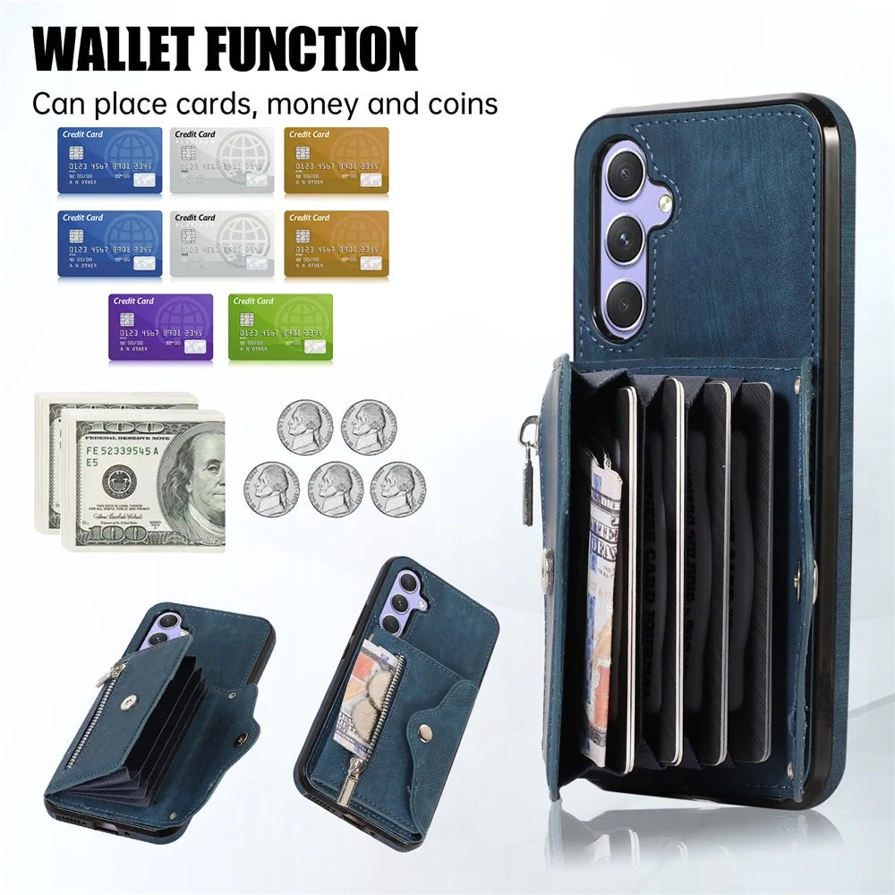 For Samsung Galaxy A25 5G (Global) (161.0mm) Case PU Leather + TPU RFID Blocking Card Slots Phone Cover with 2 Straps - Blue - 7