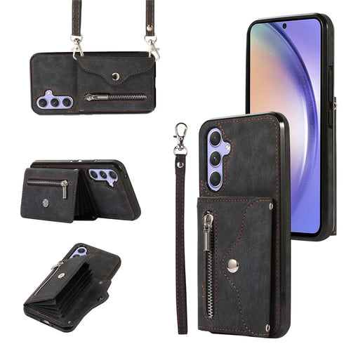 For Samsung Galaxy A35 5G Case PU Leather + TPU RFID Blocking Card Slots Phone Cover with 2 Straps - Black - 1
