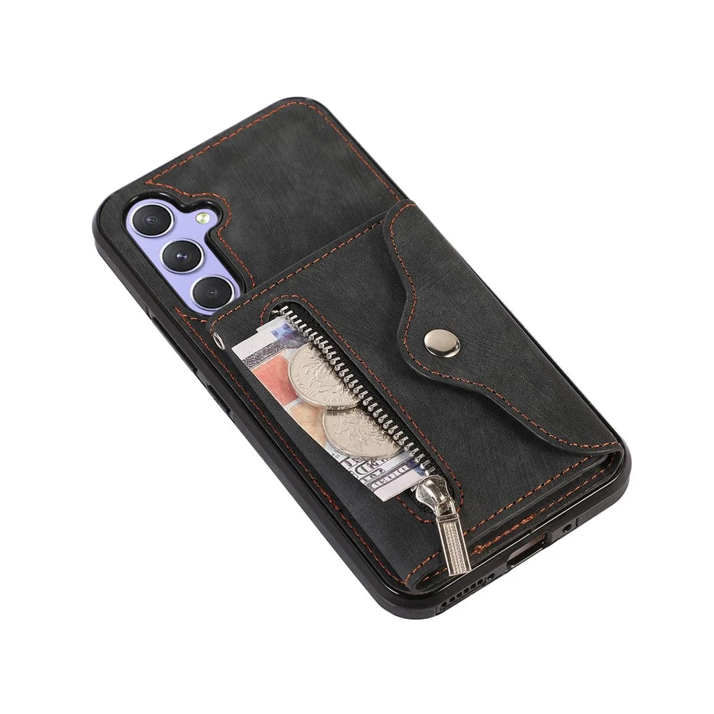 For Samsung Galaxy A35 5G Case PU Leather + TPU RFID Blocking Card Slots Phone Cover with 2 Straps - Black - 4